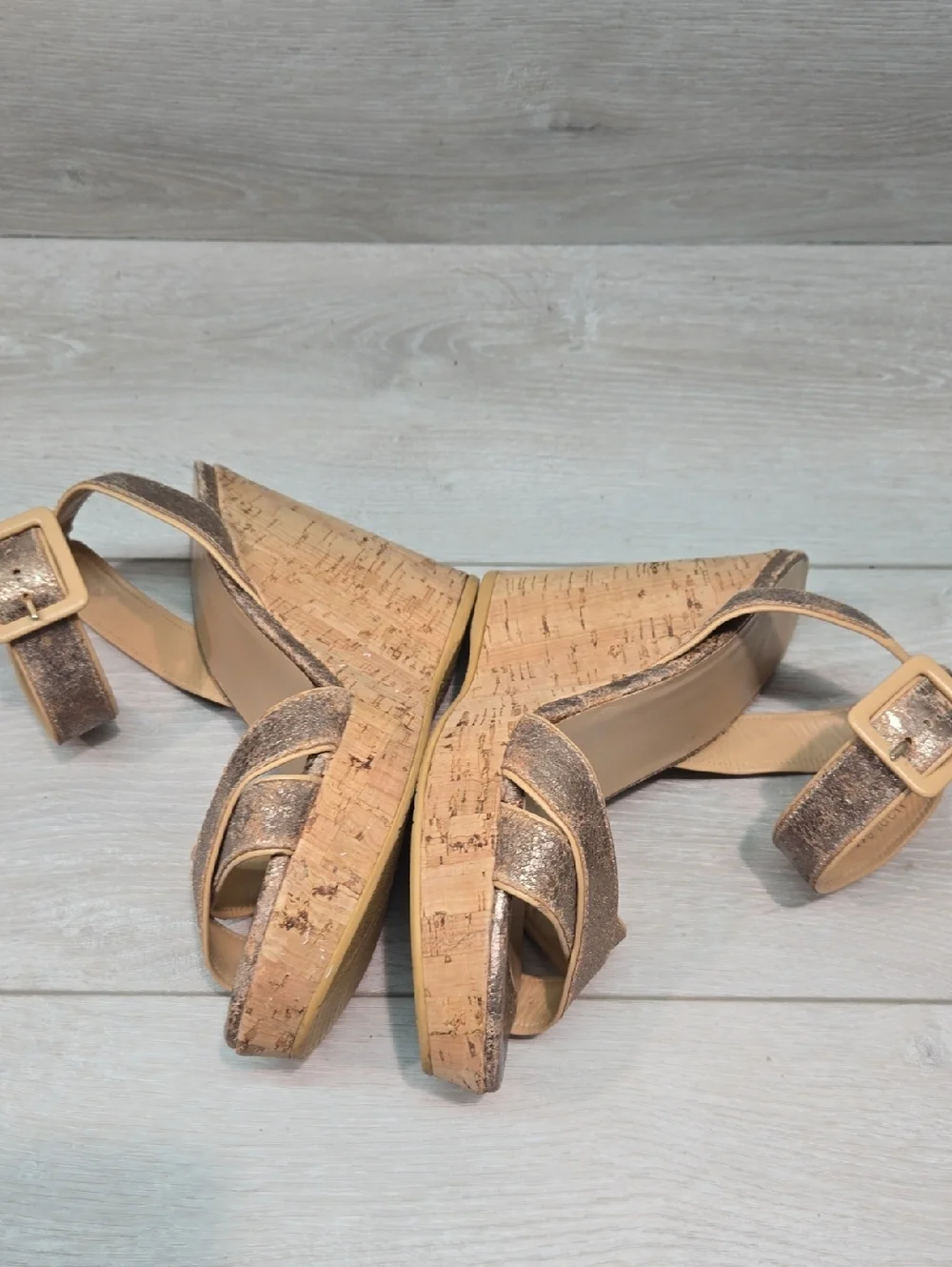Stuart Weitzman Women Cork Wedge Sandals with Glitter Leather Straps Sz 6.5 - Picture 10 of 12